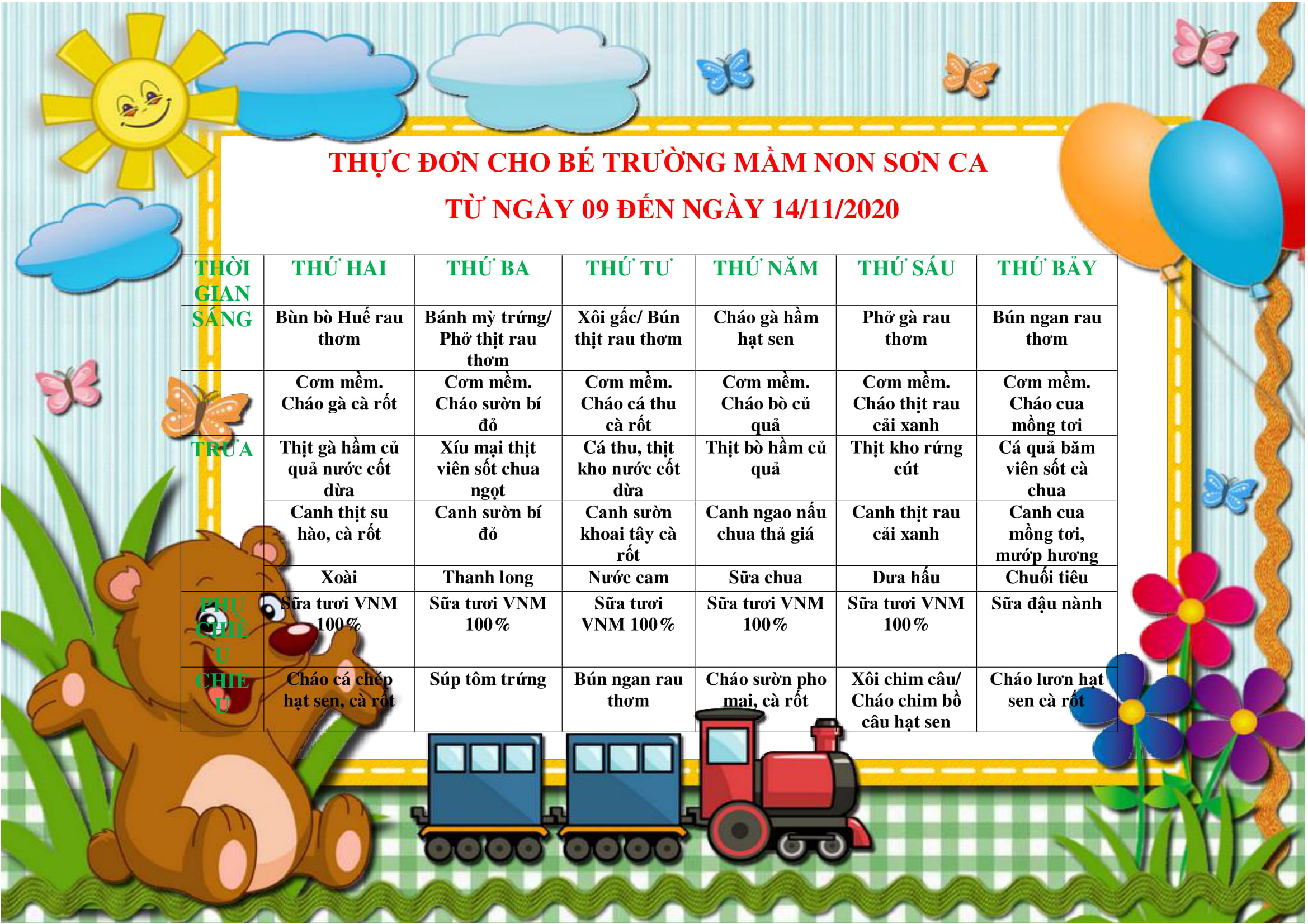 THỰC ĐƠN CHO BÉ TRƯỜNG MẦM NON SƠN CA TỪ NGÀY 09 ĐẾN NGÀY 14.112020 1