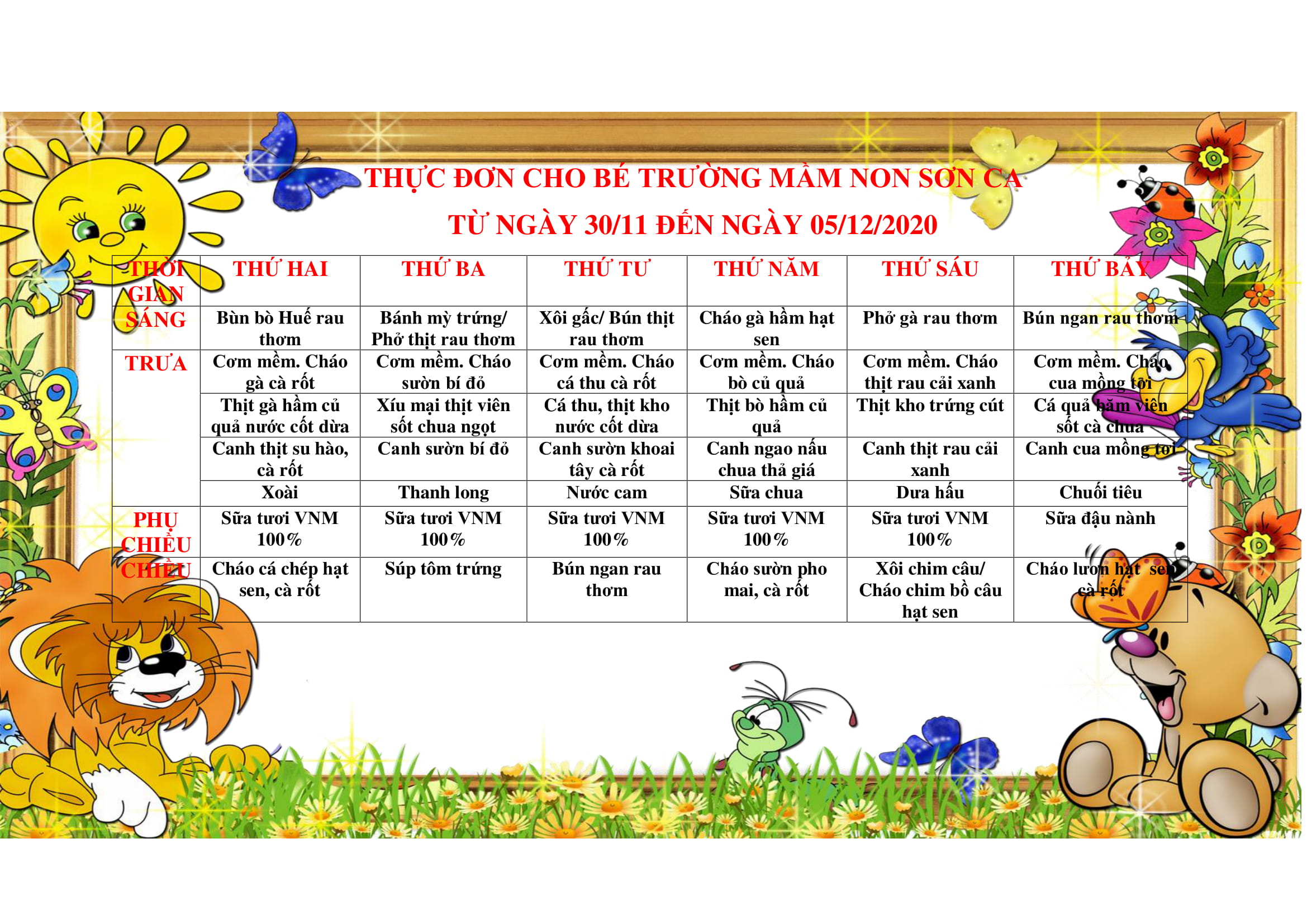 THỰC ĐƠN CHO BÉ TRƯỜNG MẦM NON SƠN CA từ ngày 30.11 đến ngày 05 12 2020 1