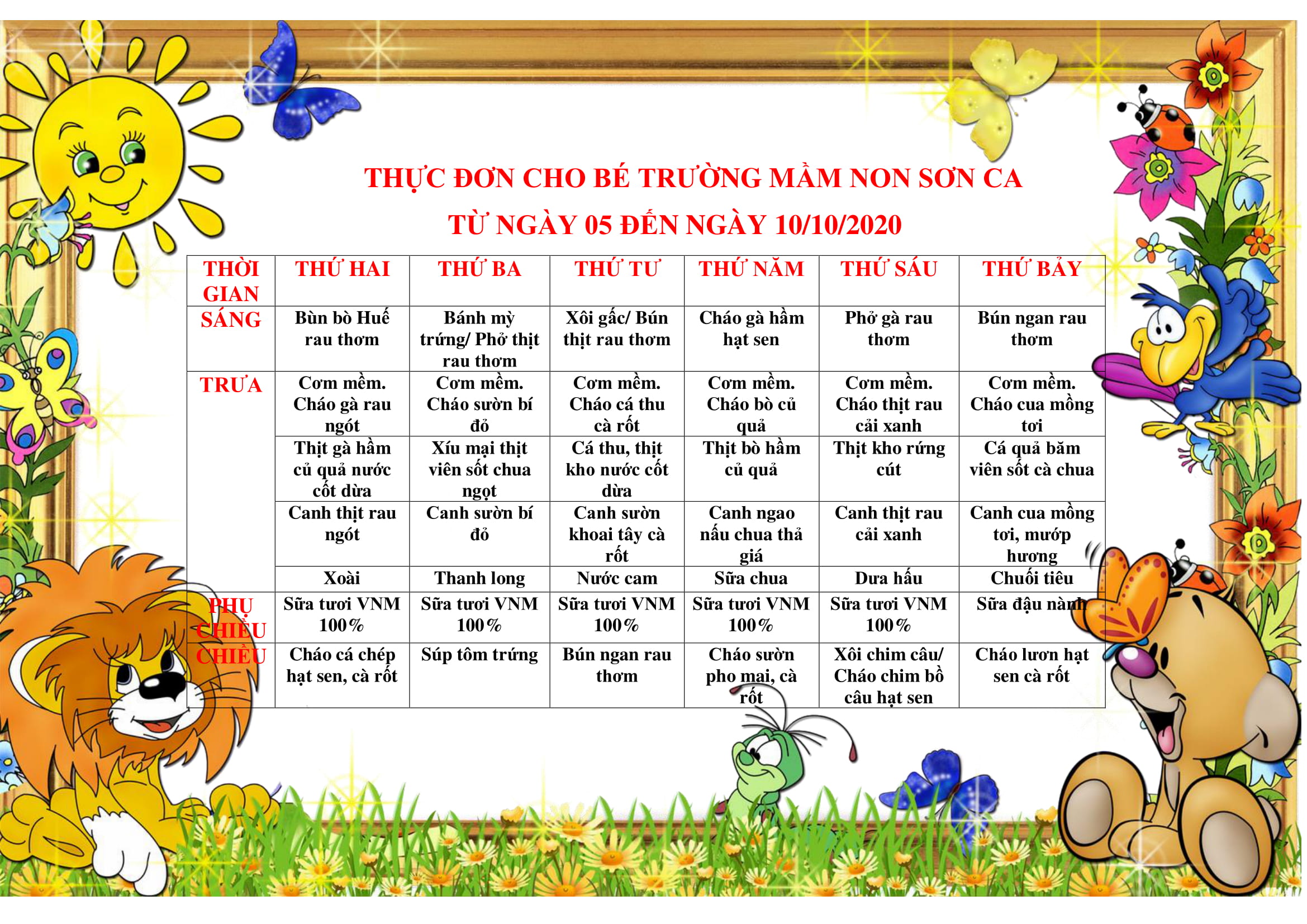 THỰC ĐƠN CHO BÉ TRƯỜNG MẦM NON SƠN CA từ ngày 5 đến ngày 10 10 2020 1