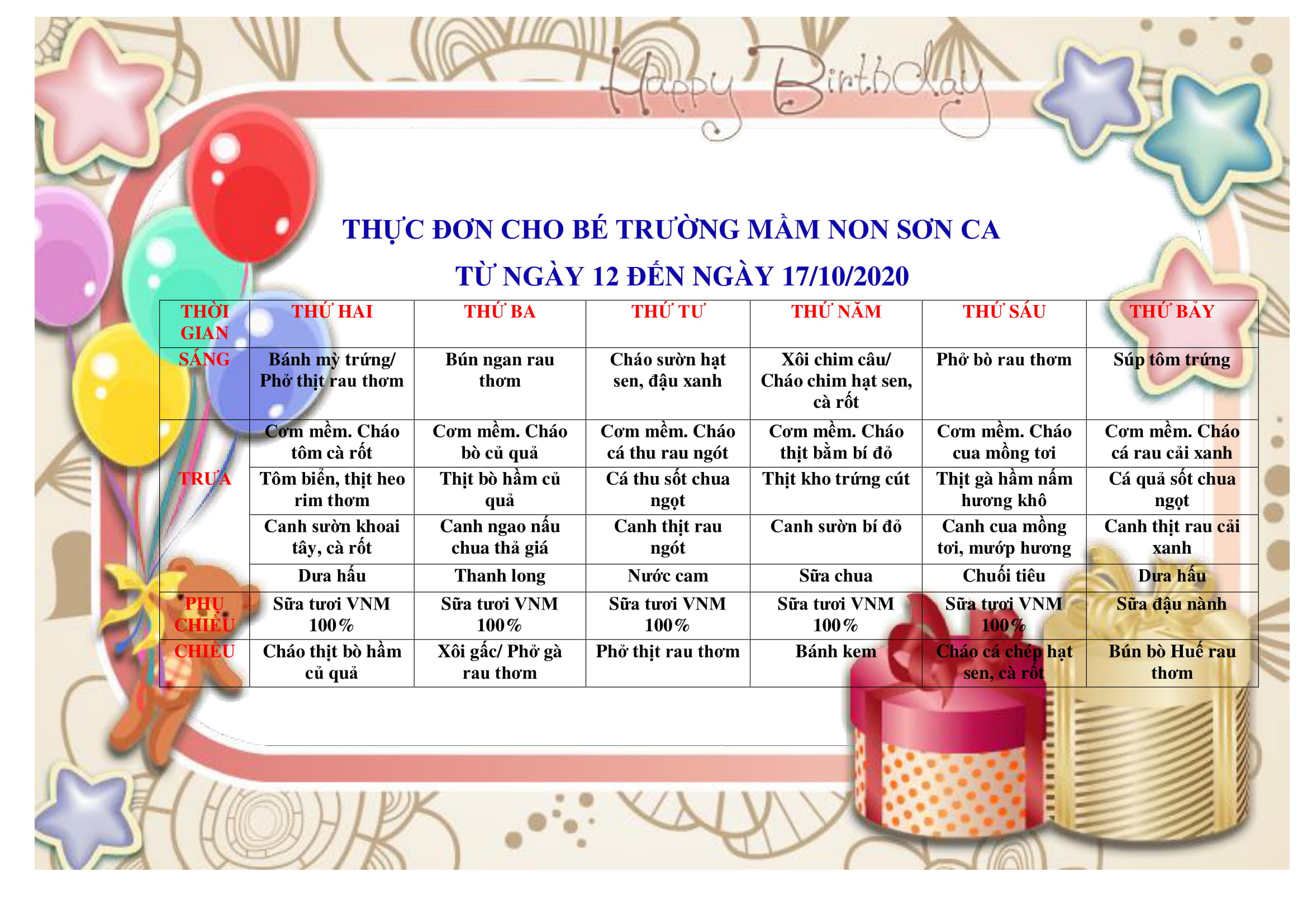Thực đơn cho bé từ ngày 12 đến ngày 17 tháng 10.2020 1