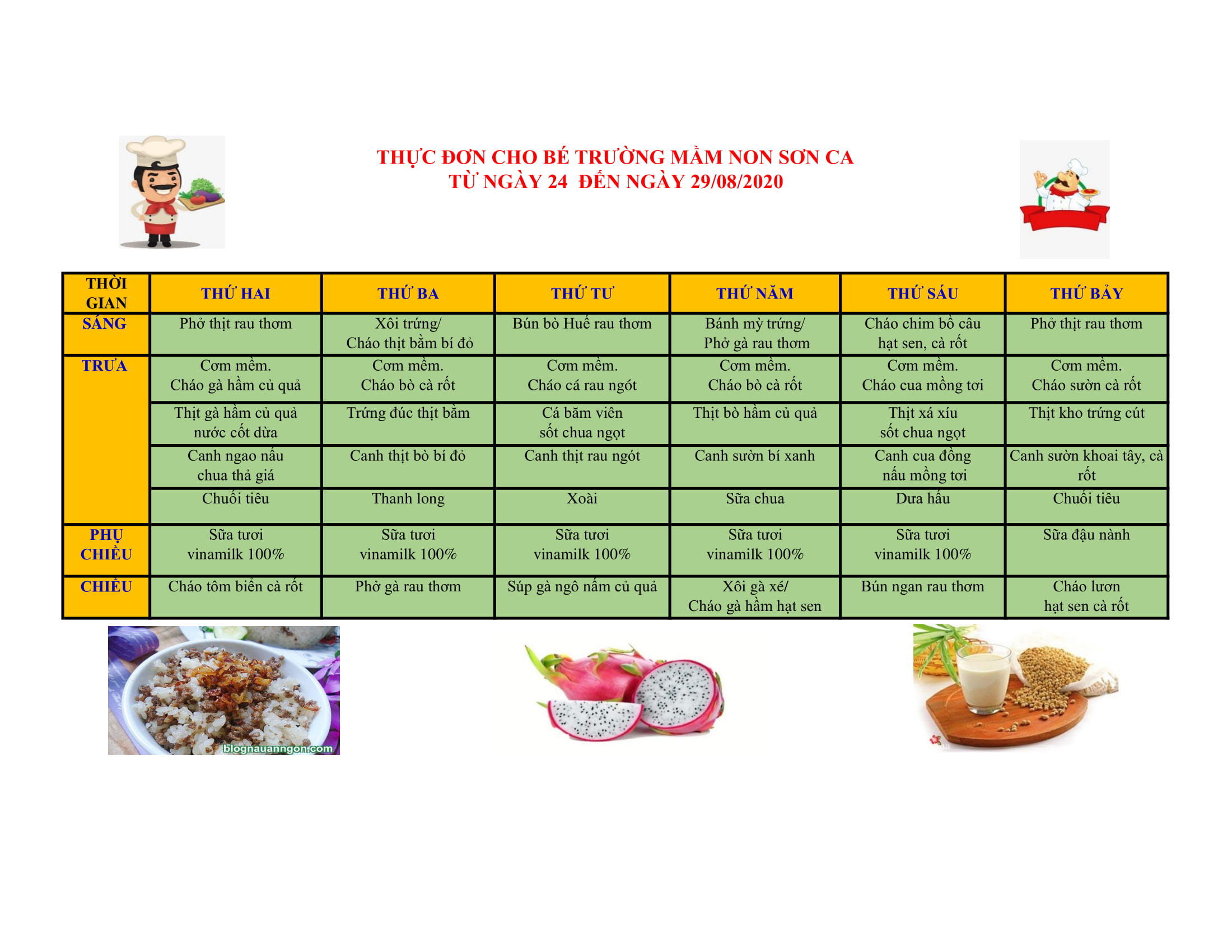 Thực đơn từ ngày 24 đến ngày 29 08 2020 1