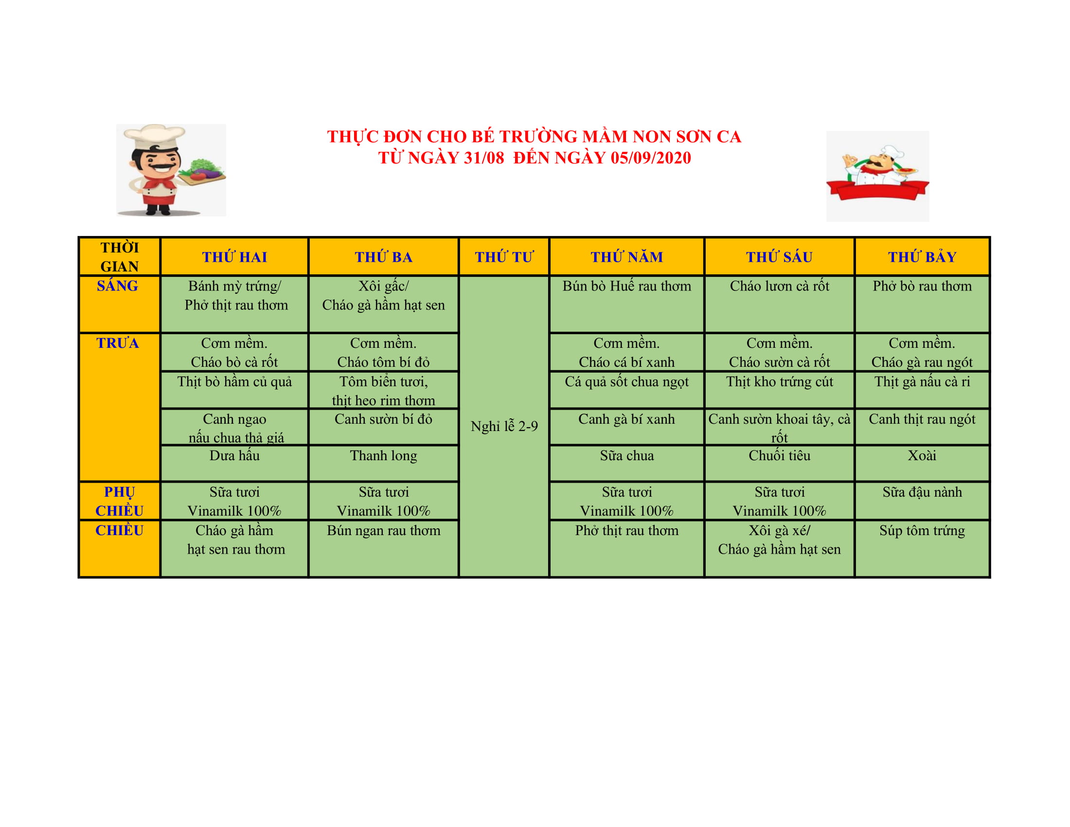 Thực đơn từ ngày 31 08 dến ngày 05 09 1